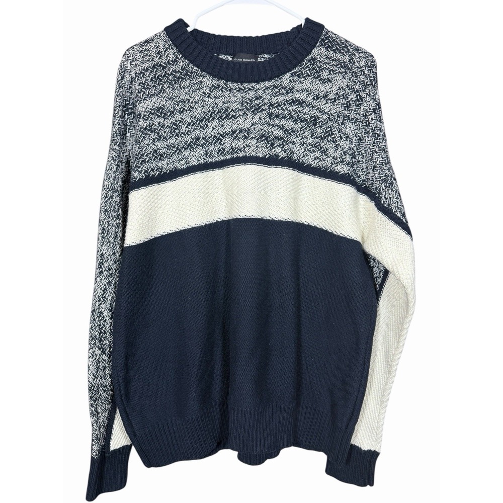 Club Monaco Men's L Navy Cream Textured Knit Sweater‎ Wool Blend Colorblock